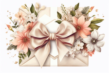 Delicate and charming still life image featuring an envelope adorned with beautiful flowers, set against clean white background. Concept of greeting cards, stationery design, floral decoration concept