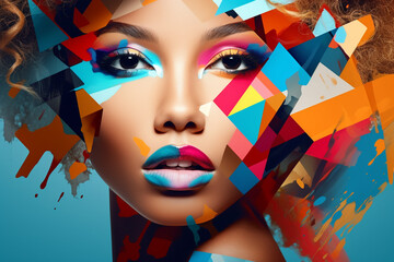 Beauty, fine art, fashion concept. Abstract modern art collage of woman portrait made of various and colorful geometric shapes and paint strokes. Generative AI