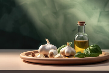Obraz na płótnie Canvas Plate full of fresh garlic and potatoes, accompanied by bottle of rich olive oil, set against vibrant green background.