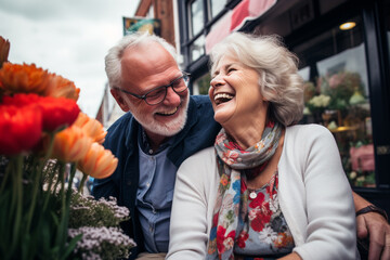 Fototapeta premium Lifestyles, love and leisure concept. Beautiful happy middle aged couple lifestyle portrait. Generative AI