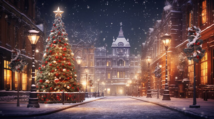 Generative AI, Christmas European street, New Year's decor, Christmas tree, garlands, postcard with views of the winter festive city