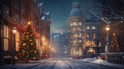 Generative AI, Christmas European street, New Year's decor, Christmas tree, garlands, postcard with views of the winter festive city - obrazy, fototapety, plakaty