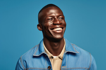 Fototapeta premium Portrait capturing genuine and warm smile of an African male man dressed in stylish blue shirt. His radiant smile exudes happiness and positivity.