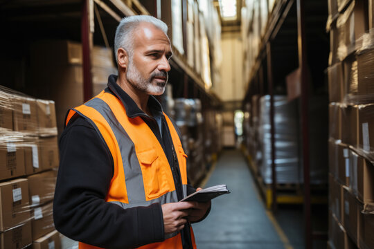 Industrial employee in warehouse diligently preparing shipping pallets, showcasing efficiency of warehouse operations. importance of logistics and supply chain management in modern businesses.