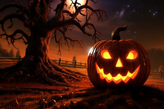 Scary looking Halloween pumpkin, jack o lantern. Holiday and festive background with copy space. Generative AI