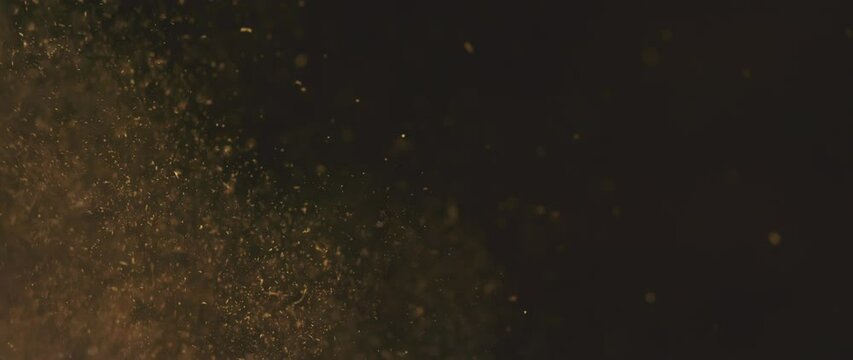 Beautiful Gold Floating Dust Particles On Black Background, Shot in slow-motion