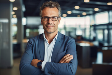 Fototapeta premium Business concept. Portrait of middle aged business man ceo standing in office with arms crossed. Neutral office background with copy space. Generative AI