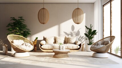 Cozy modern living room interior. Boho style wicker armchairs, stylish couch with cushions, coffee table, houseplants, wicker pendant lights add bohemian chic to bright room. Mockup, 3D rendering.