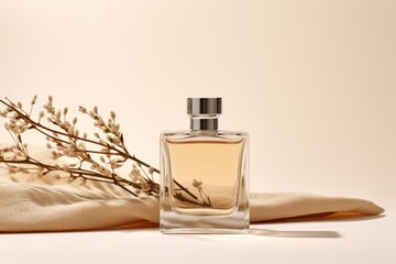 Mock up of  minimal elegant perfume bottle. Stylish parfumerie banner. AI generative