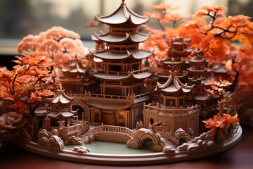 Fototapeta na wymiar A digital art, Japanese temple crafted by papers in kirigami style illustration, quilling