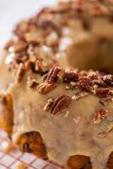 Chocolate pumpkin bundt cake with toffee glaze