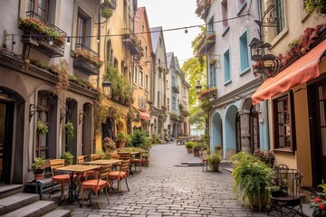 Fototapeta na wymiar Charming European Street: Cobblestone Pavement, Quaint Shops, and Outdoor Cafes Await, generative AI
