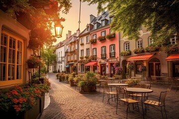 Quaint Cobblestone Streets, Colorful Facades, and Charming Cafes: Exploring an Enchanting European Village, generative AI