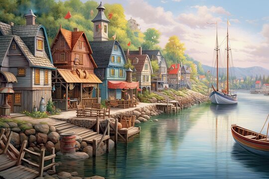 Colorful Houses & Fishing Boats: Discover the Charming Coastal Village with a Picturesque Harbor, generative AI