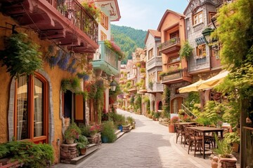Enchanting European Village: Cobblestone Streets, Colorful Facades, and Cozy Cafes, generative AI