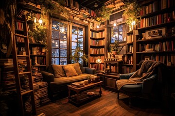 Cozy Bookstore Haven: Immersive Genres, Comfy Nooks, Aromatic Brew, generative AI - obrazy, fototapety, plakaty