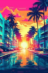 Fototapeta premium Illustration of Miami beach in a vibrant 1980s retro synthwave style, watercolor masterpiece. 