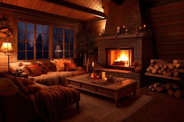Cozy Fireplace: Relaxation Enhanced by Crackling Flames and Warm Glow in a Comfortable Seating Area, generative AI