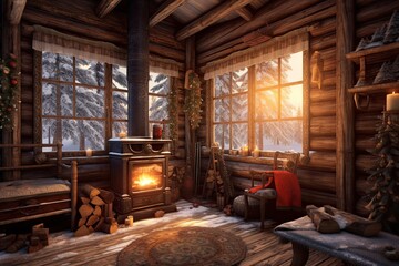 Snowy Forest Log Cabin Retreat: Embrace Coziness with a Crackling Fireplace, Warm Blankets & Peaceful Ambiance, generative AI