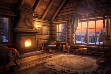 Fototapeta premium Snowy Paradise: Cozy Log Cabin with Warm Fireplace and Peaceful Ambiance, generative AI