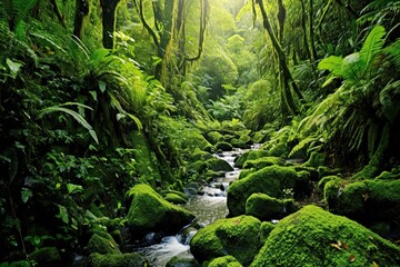 Chirping Birds, Cascading Waterfalls, and Lush Greenery: Discover the Enchanting Secrets of a Dense Rainforest, generative AI