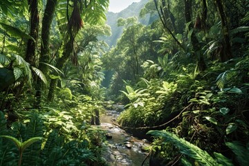 Exploring the Enchanting Wilderness: Lush Greenery, Towering Trees, and the Soothing Sounds of a Dense Rainforest, generative AI