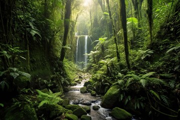 Obraz premium Exploring a Vibrant Rainforest: Lush Vegetation, Cascading Waterfalls, and Chirping Birds, generative AI