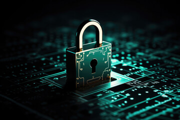 Cyber Security Lock on green data cpu background