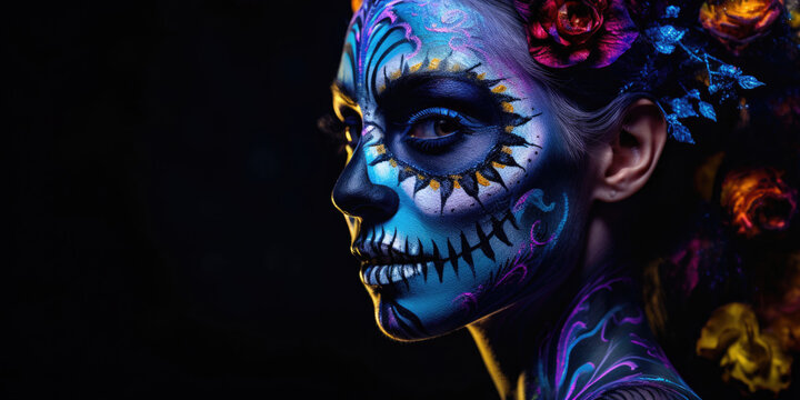 mysterious scary woman with skeleton make-up in black light at halloween