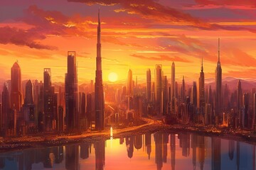 Fototapeta na wymiar Sunset Splendor: Embracing the Futuristic Glow of Towering Skyscrapers and Illuminated Bridges in the City Skyline, generative AI