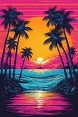 Fototapeta na wymiar Illustration of Miami beach in a vibrant 1980s retro synthwave style, watercolor masterpiece. 
