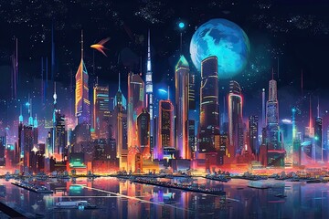 Futuristic Night Cityscape: Neon Lights, Flying Vehicles & Towering Skyscrapers, generative AI