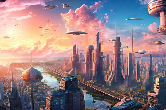 Seamlessly Integrated Advanced Technology: Exploring a Futuristic Cityscape of Sleek Skyscrapers and Flying Cars, generative AI