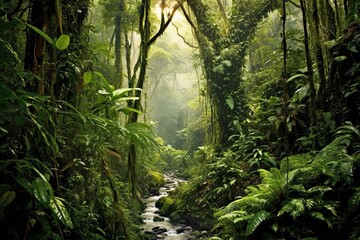 Fototapeta premium Exotic Wildlife and Lush Foliage in a Towering Rainforest, generative AI