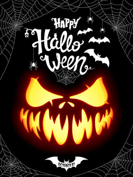 Halloween pumpkin face and lettering with spider, web and flying bats. Funny and scary pumpkin face with eyes and mouth. Design for party poster, invitation and greeting card. Vector illustration