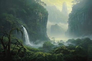 Captivating Cascades: Exploring the Magnificence of a Lush Green Surrounding Landscape and Misty Spray at a Majestic Waterfall, generative AI