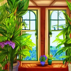 Nature View Window. Generative AI.  Happy Home #09