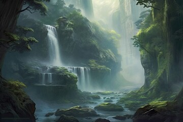 Experience the Serenity of a Majestic Waterfall and Lush Landscape: Cascading Waters and Misty Spray Await, generative AI