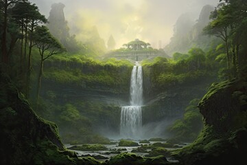 Fototapeta premium Captivating Cascade: Discover the Majestic Waterfall nestled in a Lush Green Landscape with Misty Spray, generative AI
