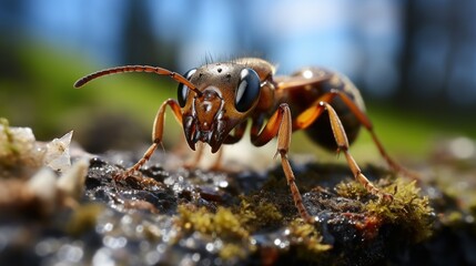 A macro photograph of red ant on the ground.