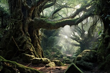 Fototapeta premium Discover the Enchanting Beauty of a Mystical Forest: Ancient Trees, Dappled Sunlight, and Serene Ambiance, generative AI
