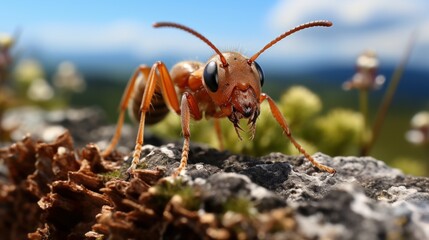 A macro photograph of red ant on the ground. - Powered by Adobe