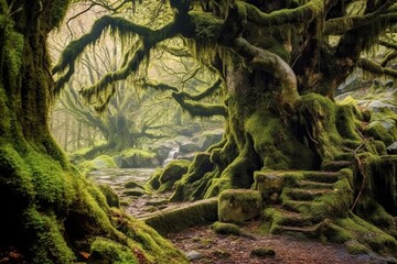 Mystical Forest: Ancient Trees, Soft Moss, and a Magical Atmosphere, generative AI