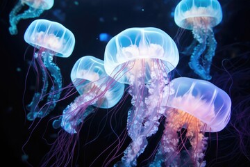 Bioluminescent jellyfish texture background. Glowing and bioluminescent jellyfish underwater surface.