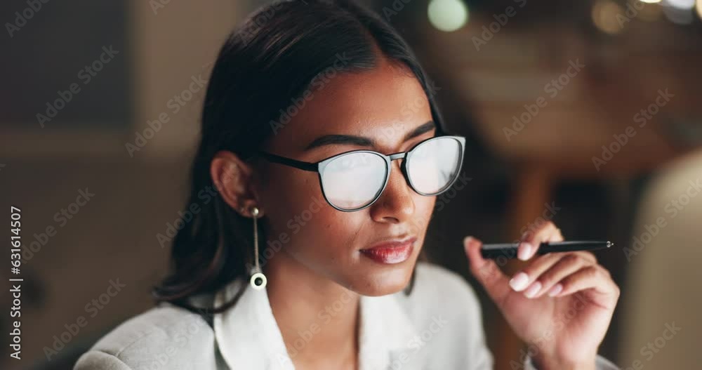 Poster internet, thinking and woman in office with glasses, reflection of computer with planning and thinki