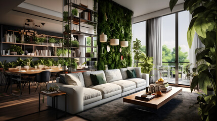 intérieur moderne, salon rempli de plantes vertes - obrazy, fototapety, plakaty