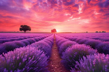 Sunset Serenity: Blooming Lavender Field with a Warm Purple Sky and Gentle Breeze, generative AI