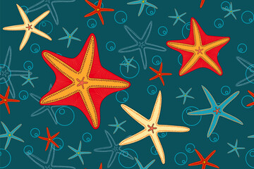 Fototapeta na wymiar Beautiful seamless pattern with hand drawn colorful sea stars on teal green background. Summer motif. Can be used for fabric,fashion print pattern,cloth,textile,wallpaper,covers and decor.