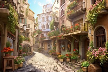 Fototapeta premium Exploring a Charming European Village: Cobblestone Streets, Charming Cafes, and Flower-Filled Balconies, generative AI