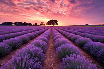 Tranquil Lavender Field at Sunset: Rows of Blooming Flowers against a Vibrant Purple Sky, generative AI